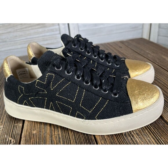 Po-Zu Women's 36 US 5 Lace Up Sneakers Black/Gold - Picture 2 of 11